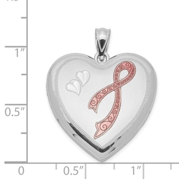 925 Sterling Silver Pink Enamel Ribbon Heart Locket Cancer Awareness Pendant - Picture 4 of 5